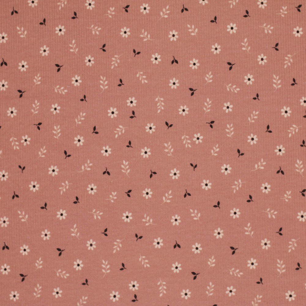 Tessuto Jersey Di Cotone Costine - Piccola Margherita Argilla Rosa - (Jersey Tessuti)