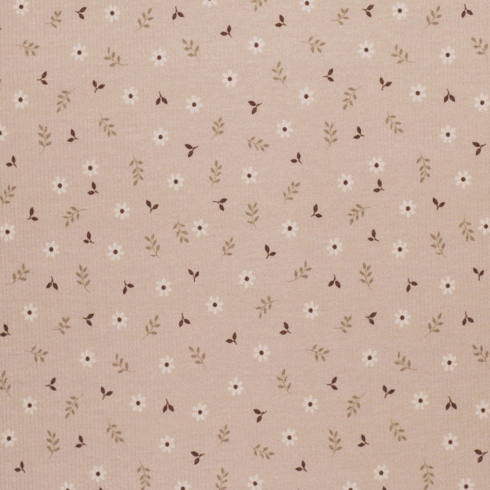 Rib Knit Jersey Fabric - Little Daisy Beige with Floral Print Rib Knit Jersey Fabric - Little Daisy Beige - (Jersey Fabrics)