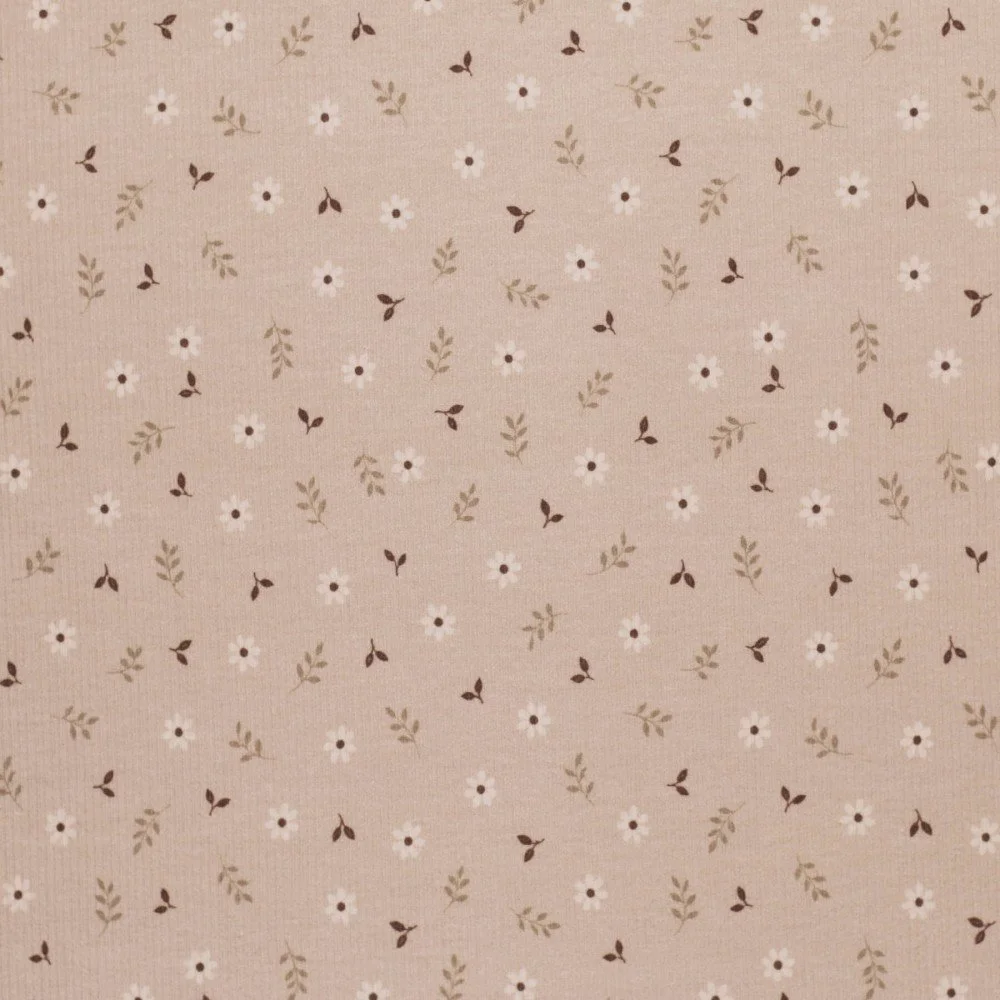 Rib Jersey Stof - Klein Madeliefje Beige