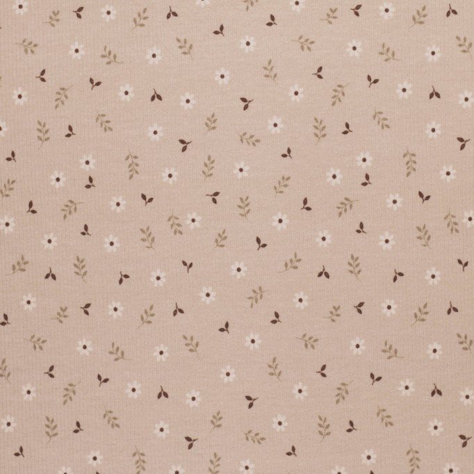 Rib Knit Jersey Fabric - Little Daisy Beige with Floral Print Rib Knit Jersey Fabric - Little Daisy Beige - (Jersey Fabrics)