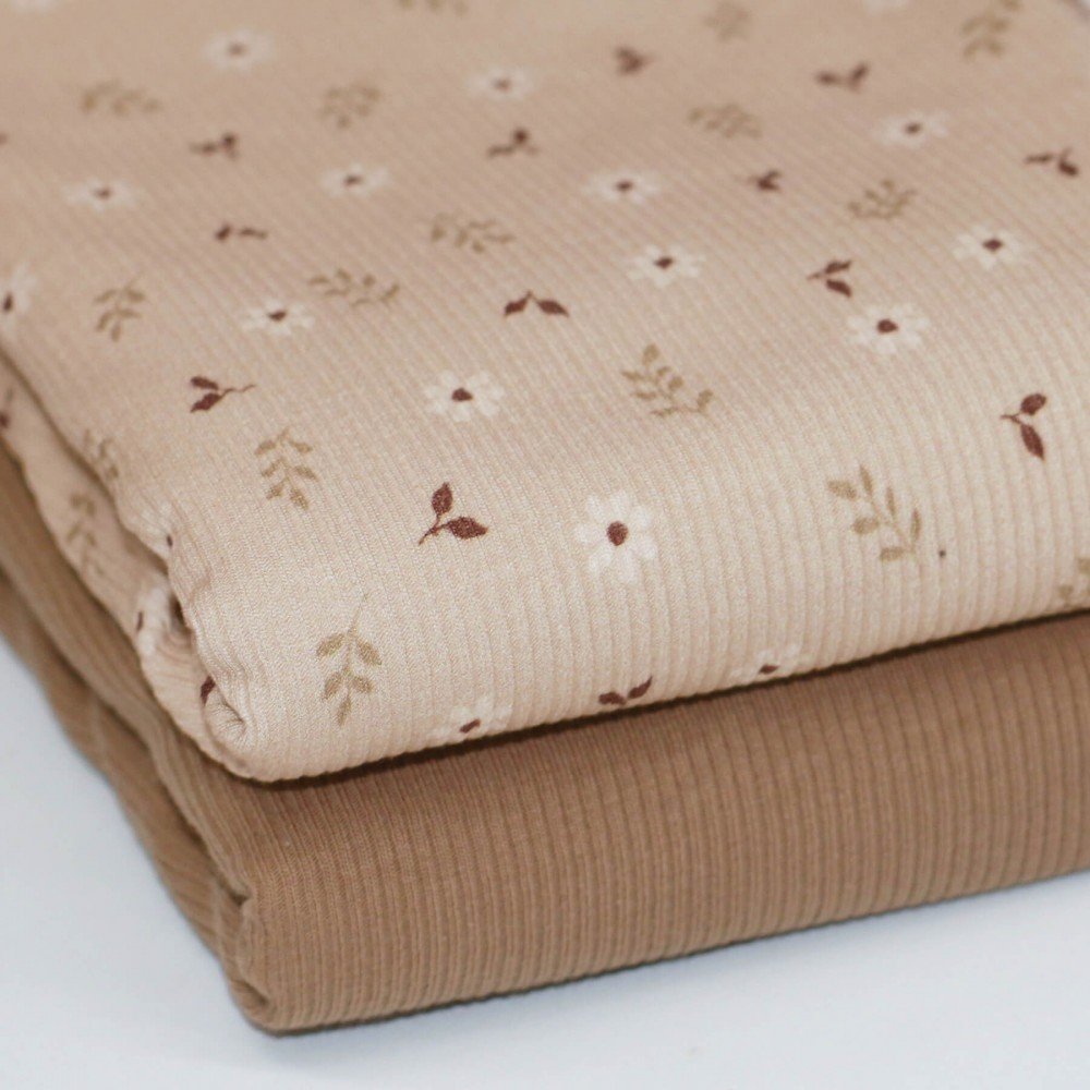 Rib Knit Jersey Fabric - Little Daisy Beige with Floral Print Rib Knit Jersey Fabric - Little Daisy Beige - (Jersey Fabrics)