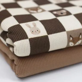 Tessuto Jersey Di Cotone Costine - Blocchi Di Animali 30 mm Marroni