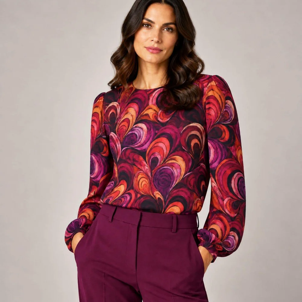 Tissu Jersey Bambou Impression Numérique - Kaléidoscope Rouge Violet Tissu Jersey Bambou Impression Numérique - Kaléidoscope Rouge Violet