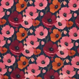 Digital Print Bamboo Jersey - Poppy Flower Navy Pink