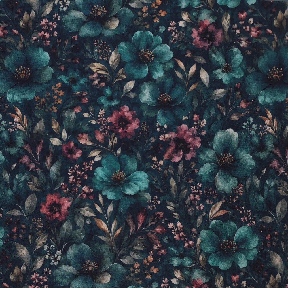 Digitale Print Bamboe Jersey - Winterbloem Petrol Digitale Print Bamboe Jersey - Herfst Gekleurde Bladeren - (Tricot Jersey Bedrukt)