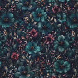 Digitale Print Bamboe Jersey - Winterbloem Petrol