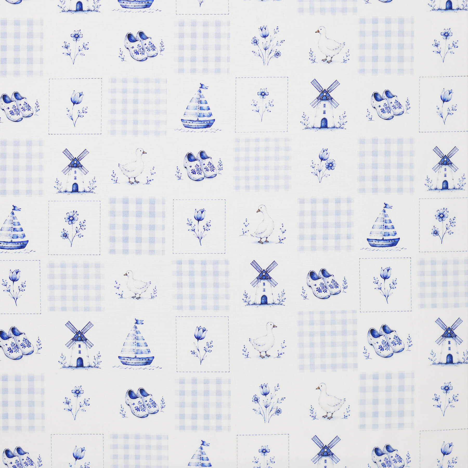 Poplin Katoen Digitale Print - Delfts Blauw Ruitje