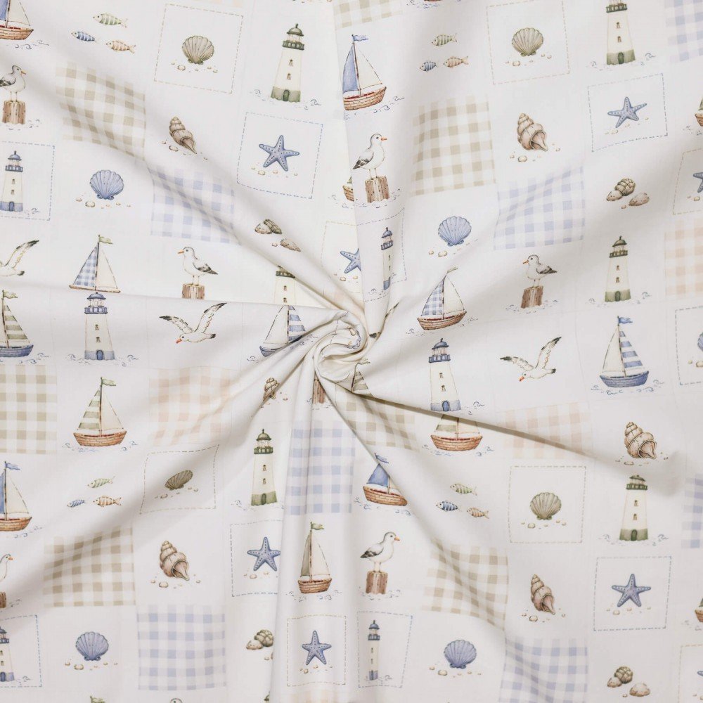 Bomuld Poplin Stof Digital Trykt - Maritime Tern Bomuld Poplin Stof Digital Trykt - Pastel Blomst Lyserød - (Bomuld Poplin Print )