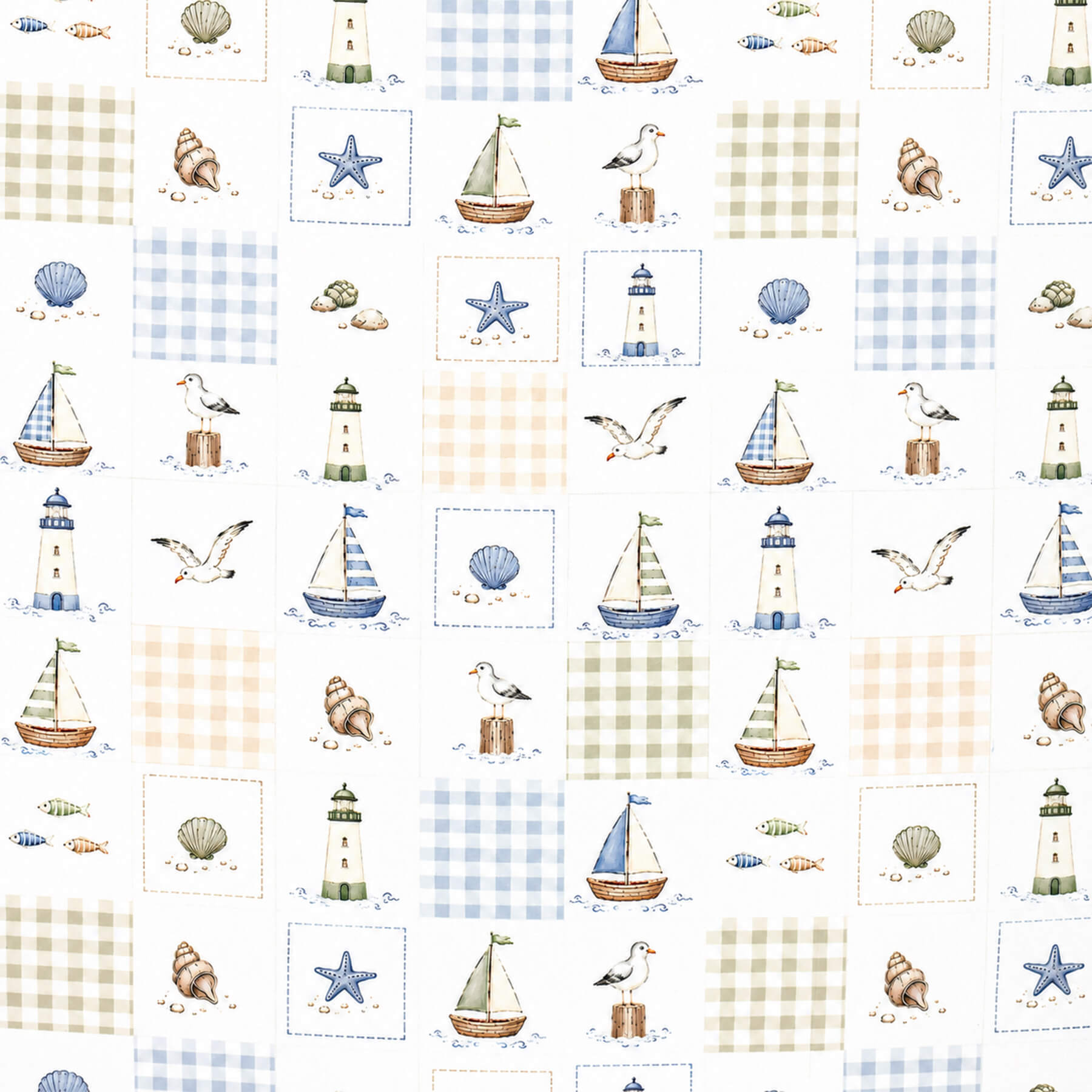 Poplin Katoen Digitale Print - Maritime Ruitje