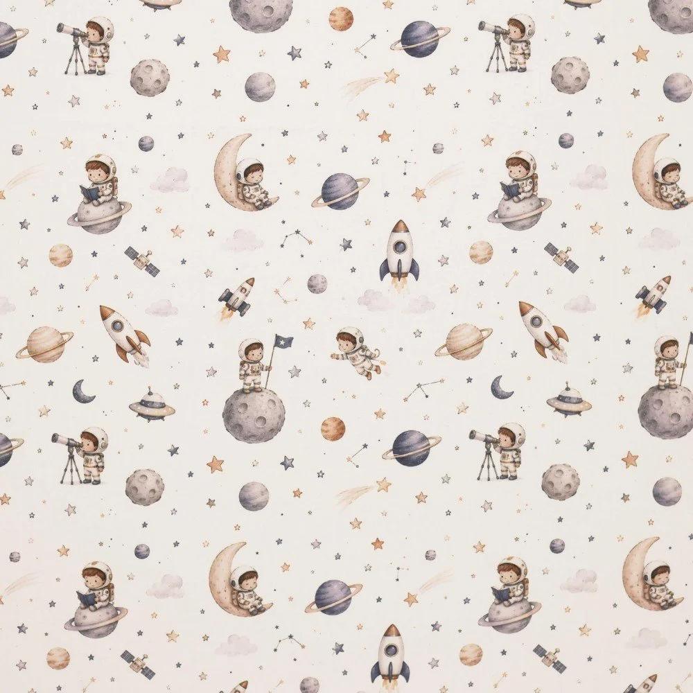 Bomuld Poplin Stof Digital Trykt - Rumdreng Beige Bomuld Poplin Stof Digital Trykt - Rumdreng Beige