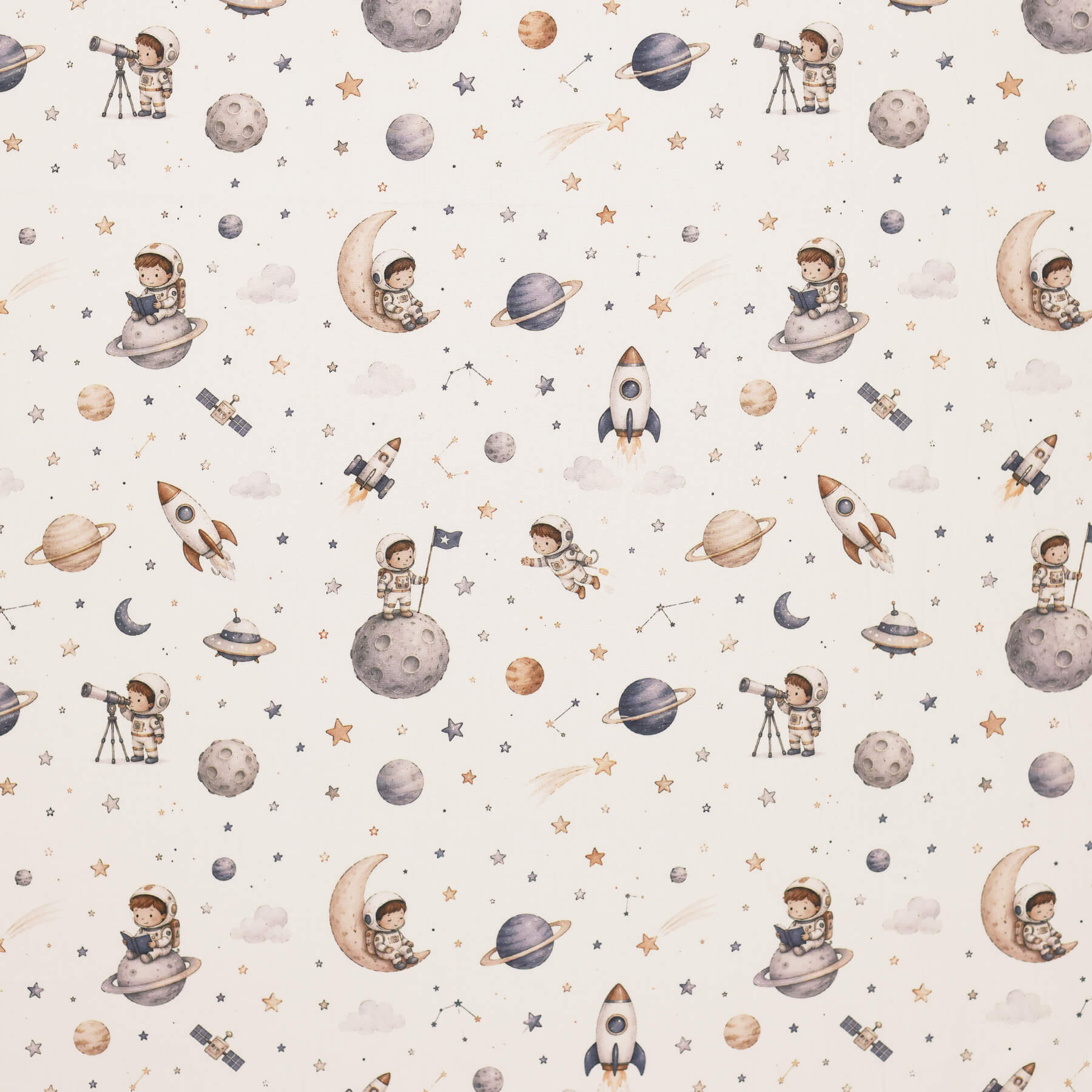 Poplin Katoen Digitale Print - Ruimtejongen Beige