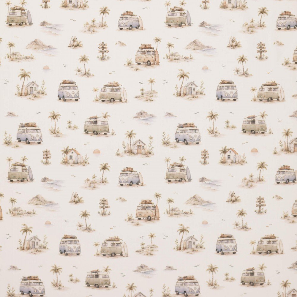 Poplin Katoen Digitale Print - Surfvakantie Beige