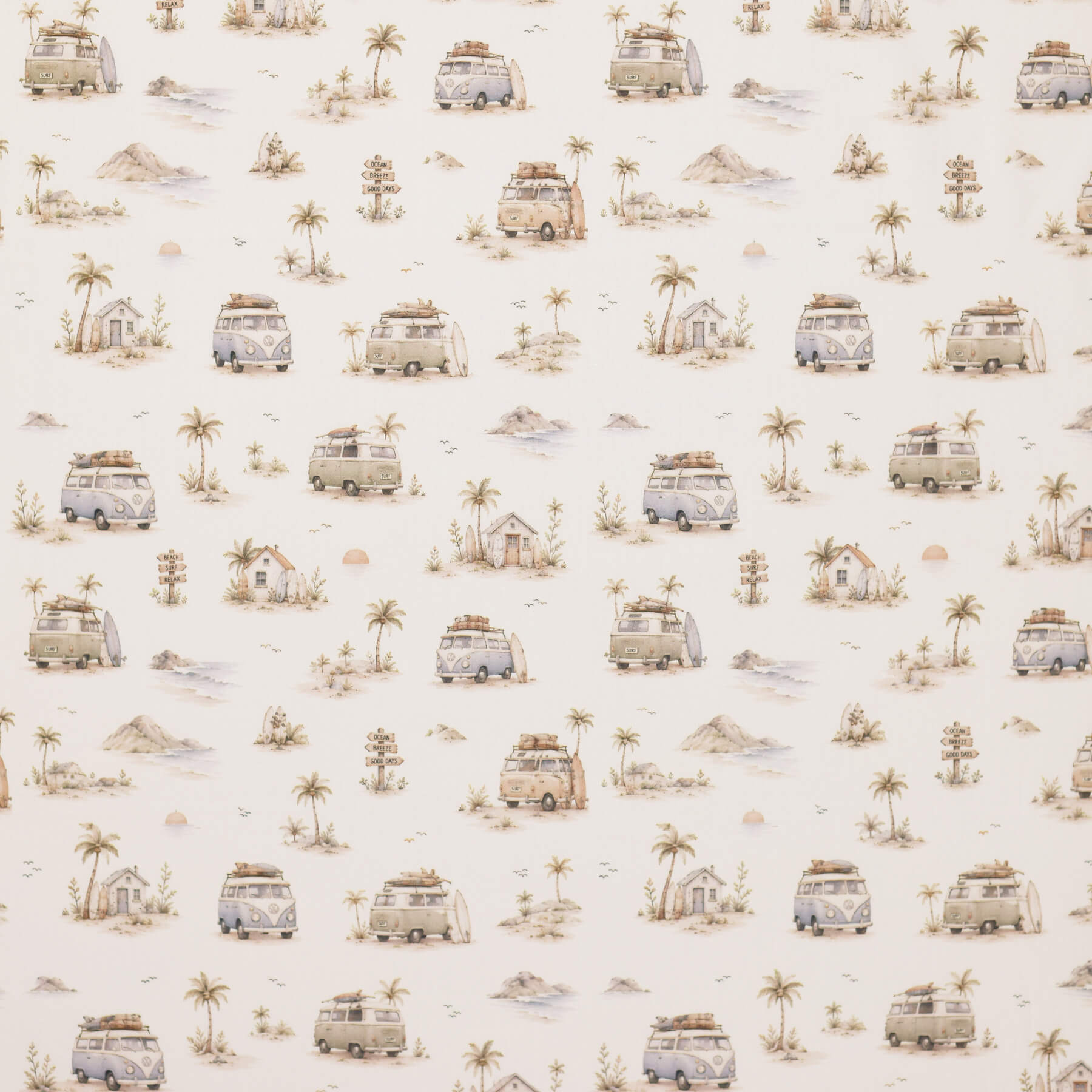 Poplin Katoen Digitale Print - Surfvakantie Beige