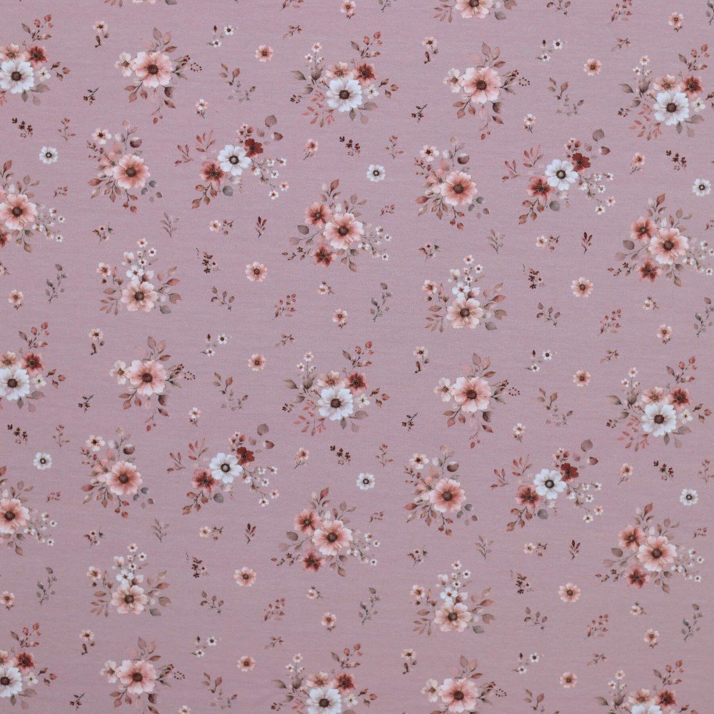 Bomuldsjersey Digital Print - Blomsterbuket Gammel Mauve Bomuldjersey Digital Print - Mauve Blomsterbuket - (Bomuldjersey Digitaltryk)