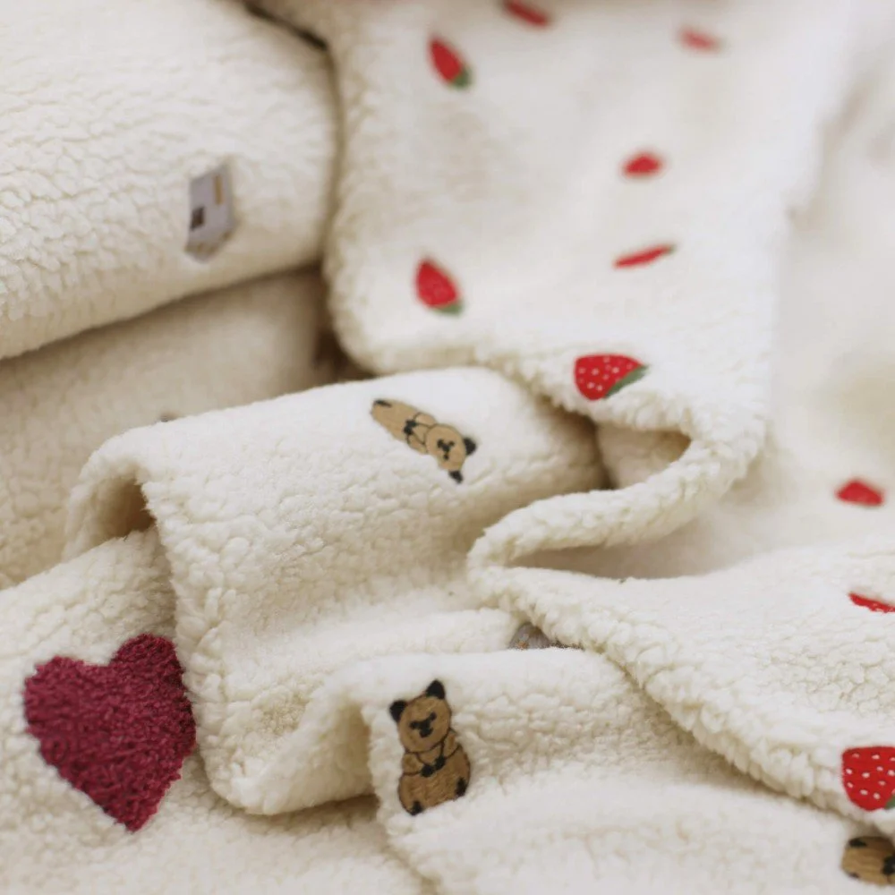 Teddy Fabric Embroidered - Big Hearts Leopard Teddy Fabric Ecru - (Curly Teddy Fabric)