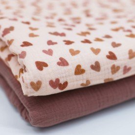 Baby Musselin Stof Digital Print - Flerfarvede Hjerter Beige