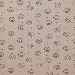 Tessuto Jersey Di Cotone Costine Stampato - Faccina Sorridente Beige Scuro