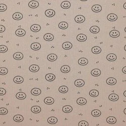 Rib Jersey Stof Bedrukt - Smiley Donker Beige