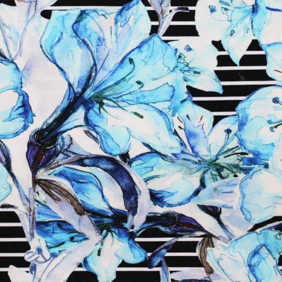 Digital Print Viscose Jersey - Big Flower On Stripe Blue Digital Print Viscose Jersey - Big Flower On Stripe Blue