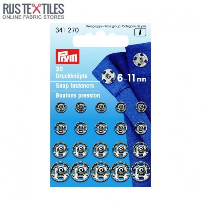 Sew-On Snap Fasteners Multi-Size 6-11 mm Silver Prym 341270 - (Haberdashery Accessory)