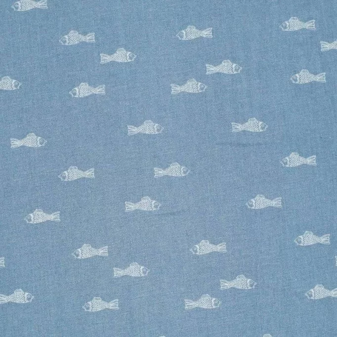 Tissu Jeans Stretch - Poisson Bleu Clair - (Tissu Jeans Coton)