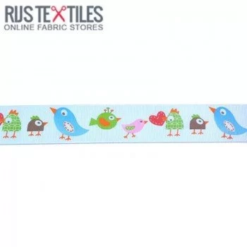 Grosgrain Ribbon - Birds Light Blue 25mm