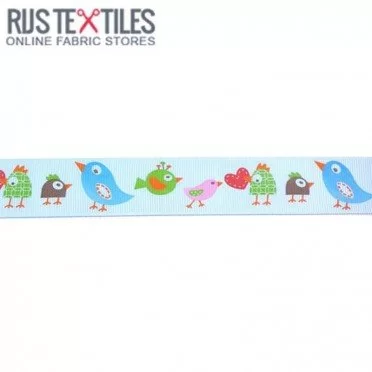 Ruban Gros Grain - Oiseaux Bleu 25mm - (Rubans)