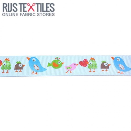 Grosgrain Ribbon - Birds Light Blue 25mm Grosgrain Ribbon - Birds Light Blue 25mm