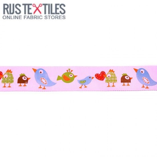 Grosgrain Ribbon - Birds Pink 25mm Grosgrain Ribbon - Birds Pink 25mm