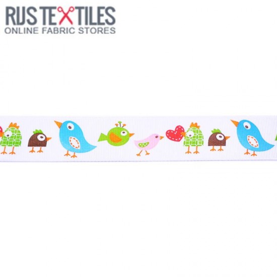 Grosgrain Ribbon - Birds White 25mm Grosgrain Ribbon - Birds White 25mm