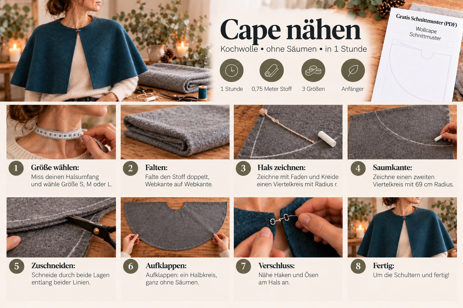 Anleitung Cape aus Kochwolle: Größe wählen, falten, Hals und Saum zeichnen, zuschneiden, aufklappen, Verschluss
