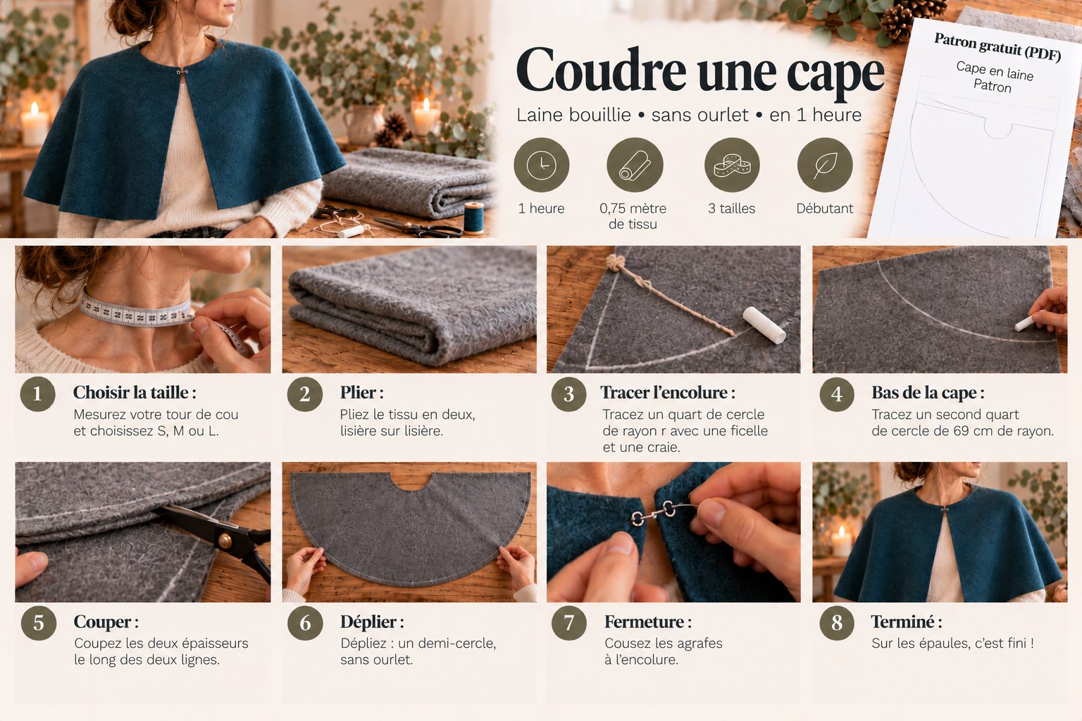 Étapes pour une cape en laine bouillie : taille, pliage, tracé de l’encolure et du bas, coupe, dépliage, fermeture