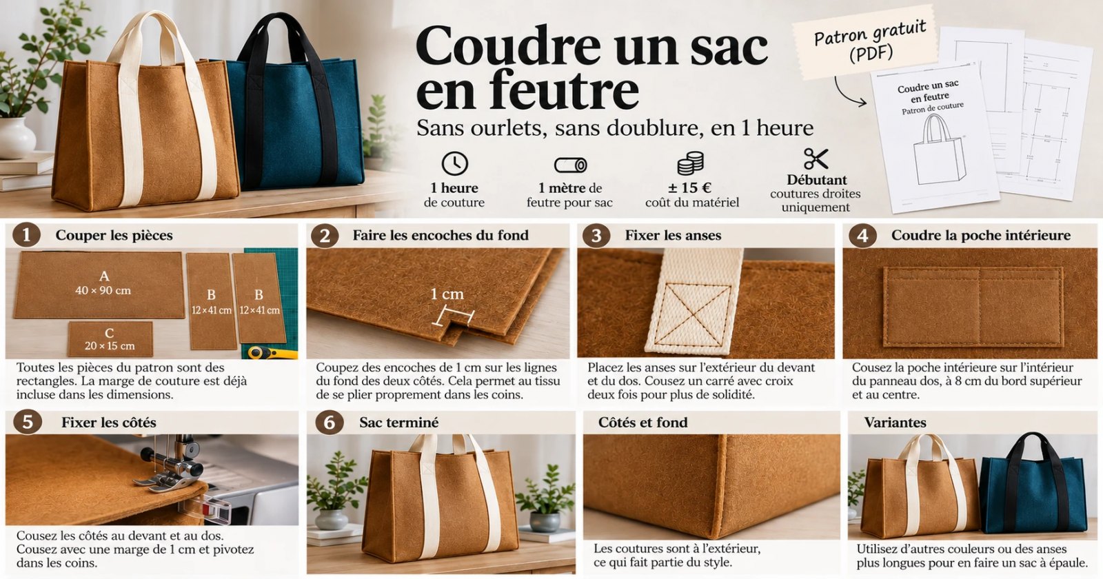 Infographie coudre un sac en feutrine : couper les pièces, encoches du fond, anses avec carré-croix, poche intérieure, côtés et sac terminé