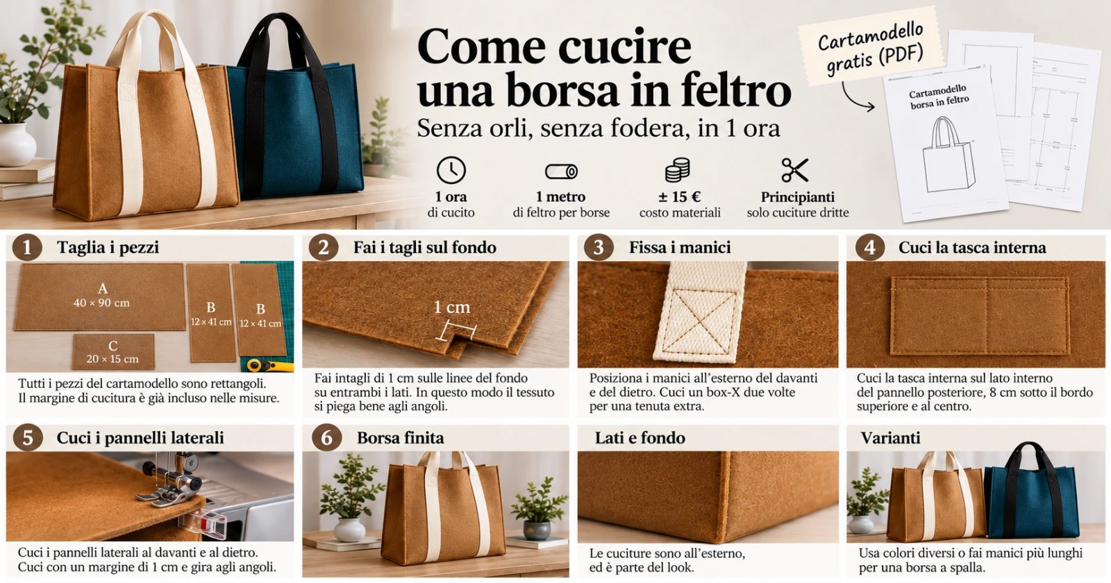 Infografica cucire una borsa in feltro: taglio dei pezzi, tagli sul fondo, manici con box-X, tasca interna, fianchi e borsa finita