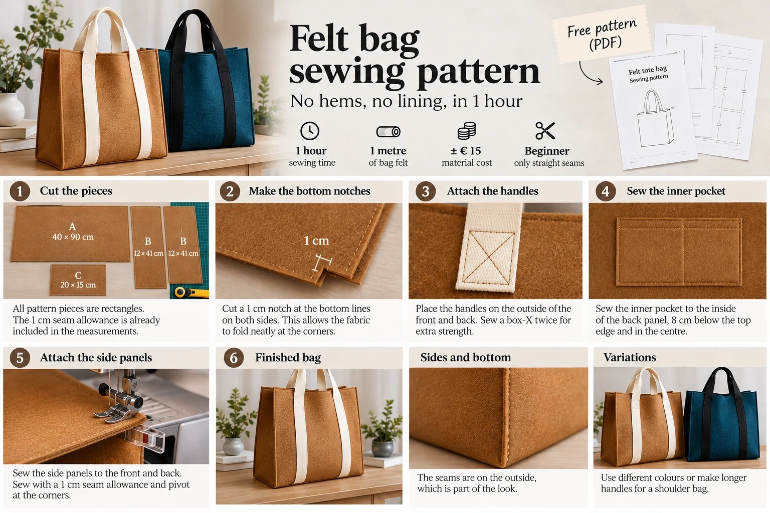 Felt bag sewing pattern infographic: cutting the pieces, bottom notches, handles with box-X, inner pocket, side panels and the finished tote