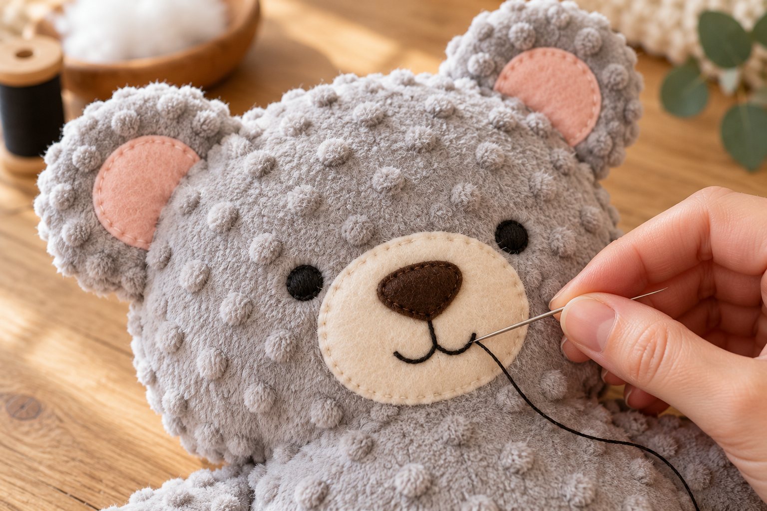 Nærbillede af filtansigtet på en hjemmesyet bamse af minky fleece