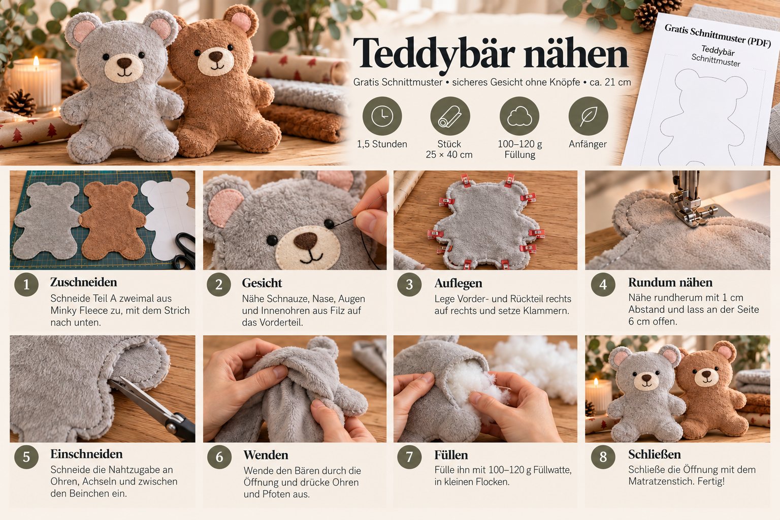 Anleitung Teddybär nähen: Zuschneiden, Gesicht, Auflegen, Nähen, Einschneiden, Wenden, Füllen, Schließen
