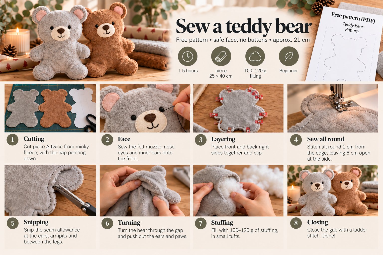 Step-by-step guide to sewing a teddy bear: cutting, face, layering, sewing, snipping, turning, stuffing, closing