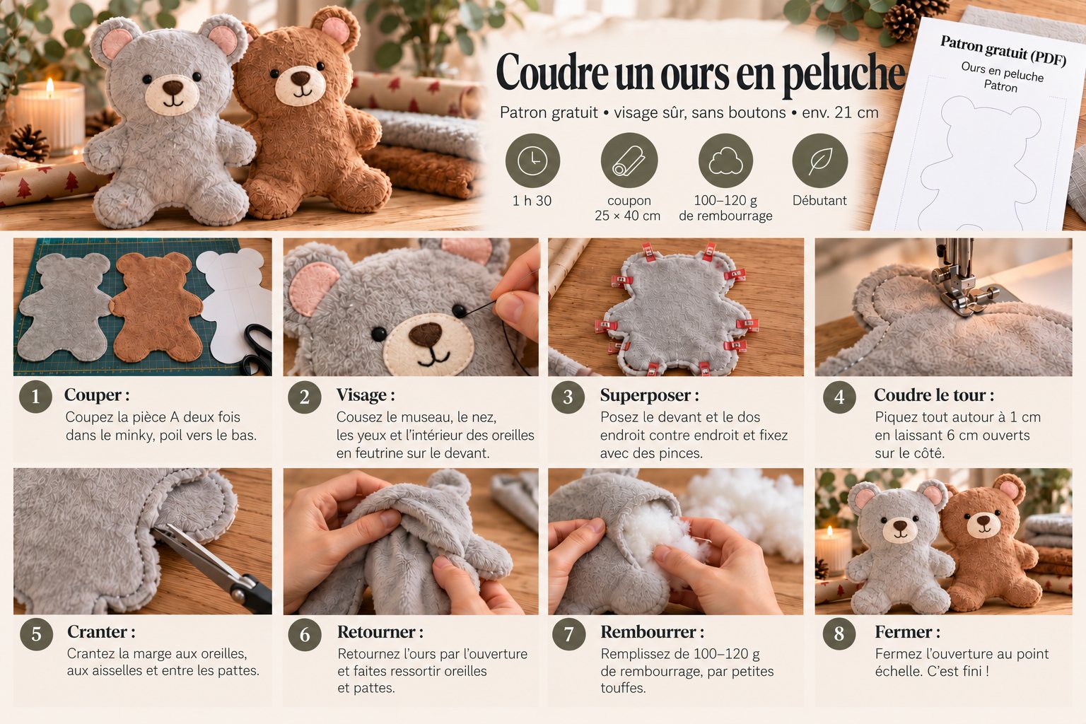 Étapes pour coudre un ours en peluche : couper, visage, superposer, coudre, cranter, retourner, rembourrer, fermer