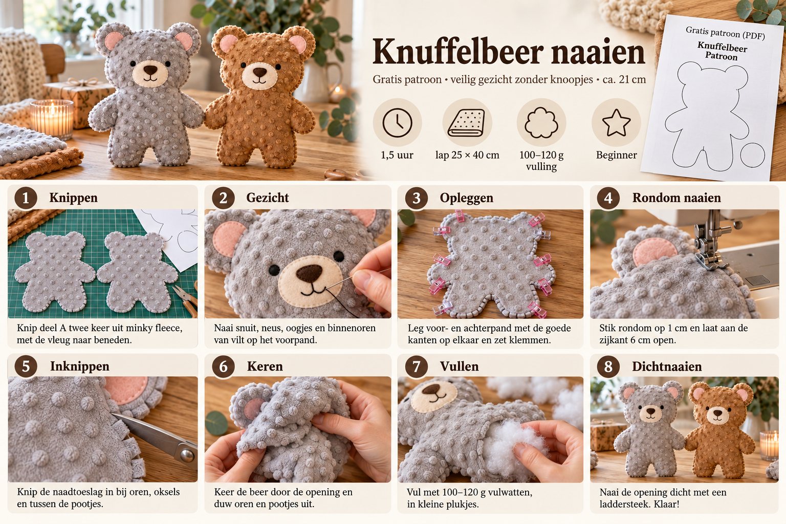 Stappenplan knuffelbeer naaien: knippen, gezicht, opleggen, rondom naaien, inknippen, keren, vullen, dichtnaaien