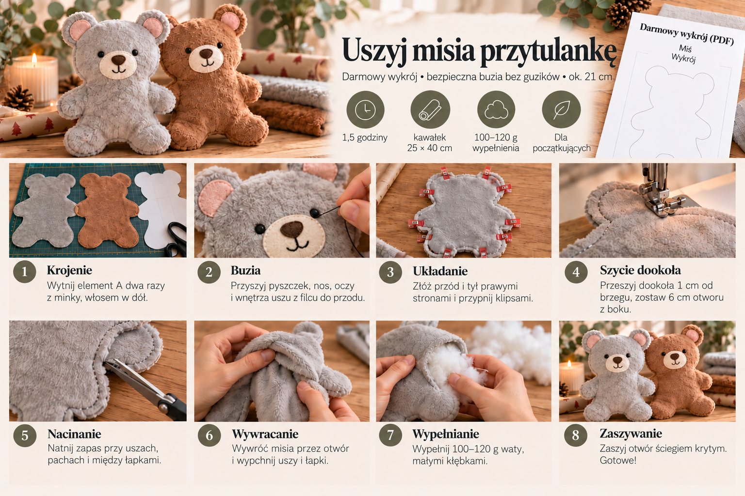 Instrukcja szycia misia: krojenie, buzia, układanie, szycie, nacinanie, wywracanie, wypełnianie, zaszywanie
