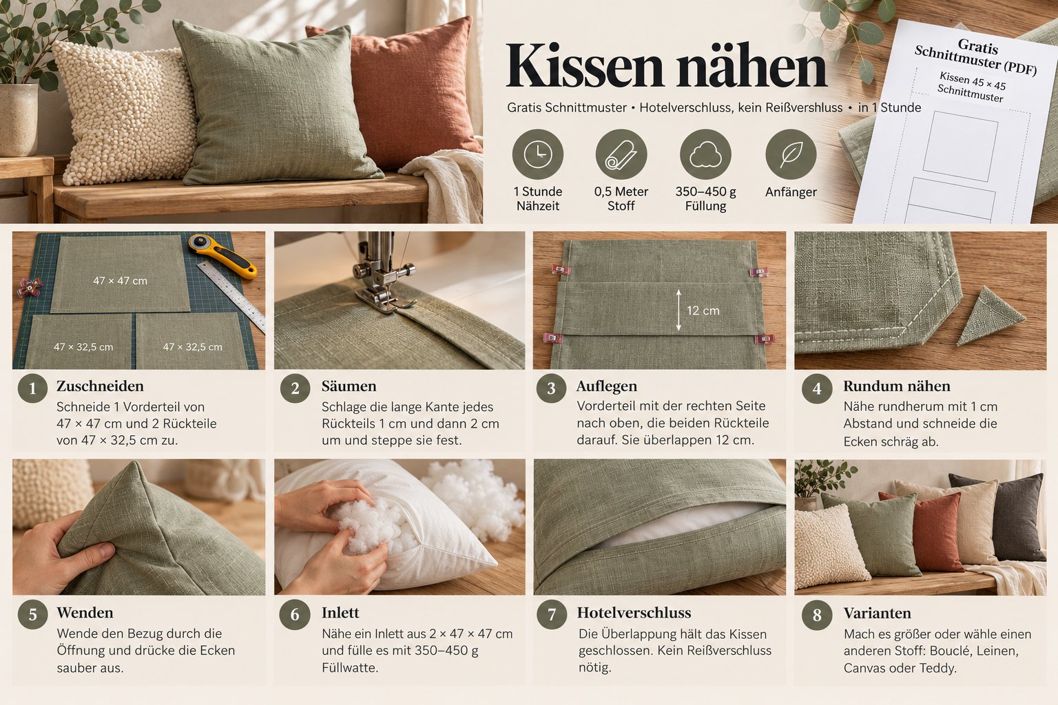 Anleitung Kissen mit Hotelverschluss nähen: Zuschneiden, Säumen, Auflegen, Nähen, Wenden, Inlett füllen