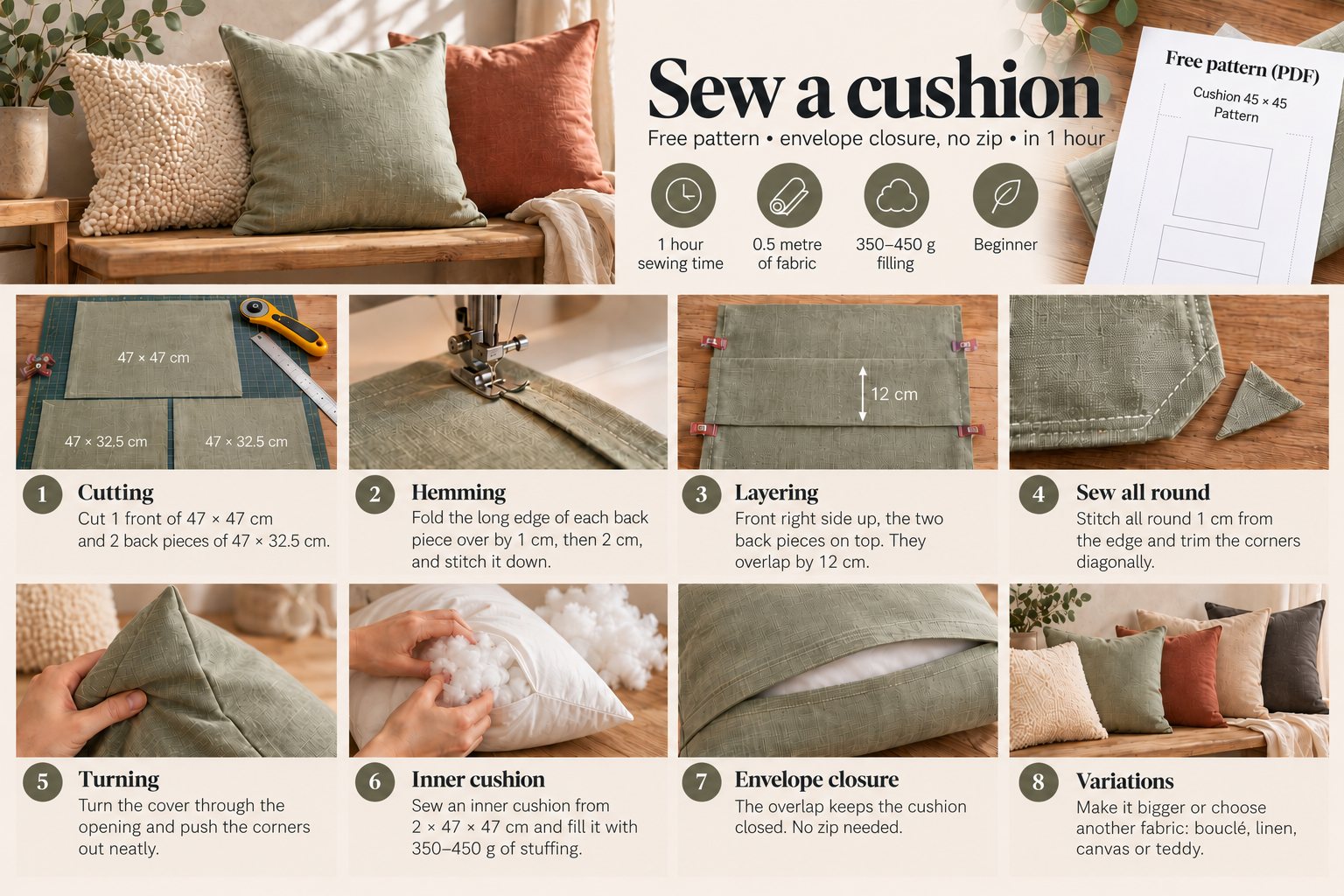 Step-by-step guide to sewing an envelope cushion: cutting, hemming, layering, sewing, turning, filling the inner cushion