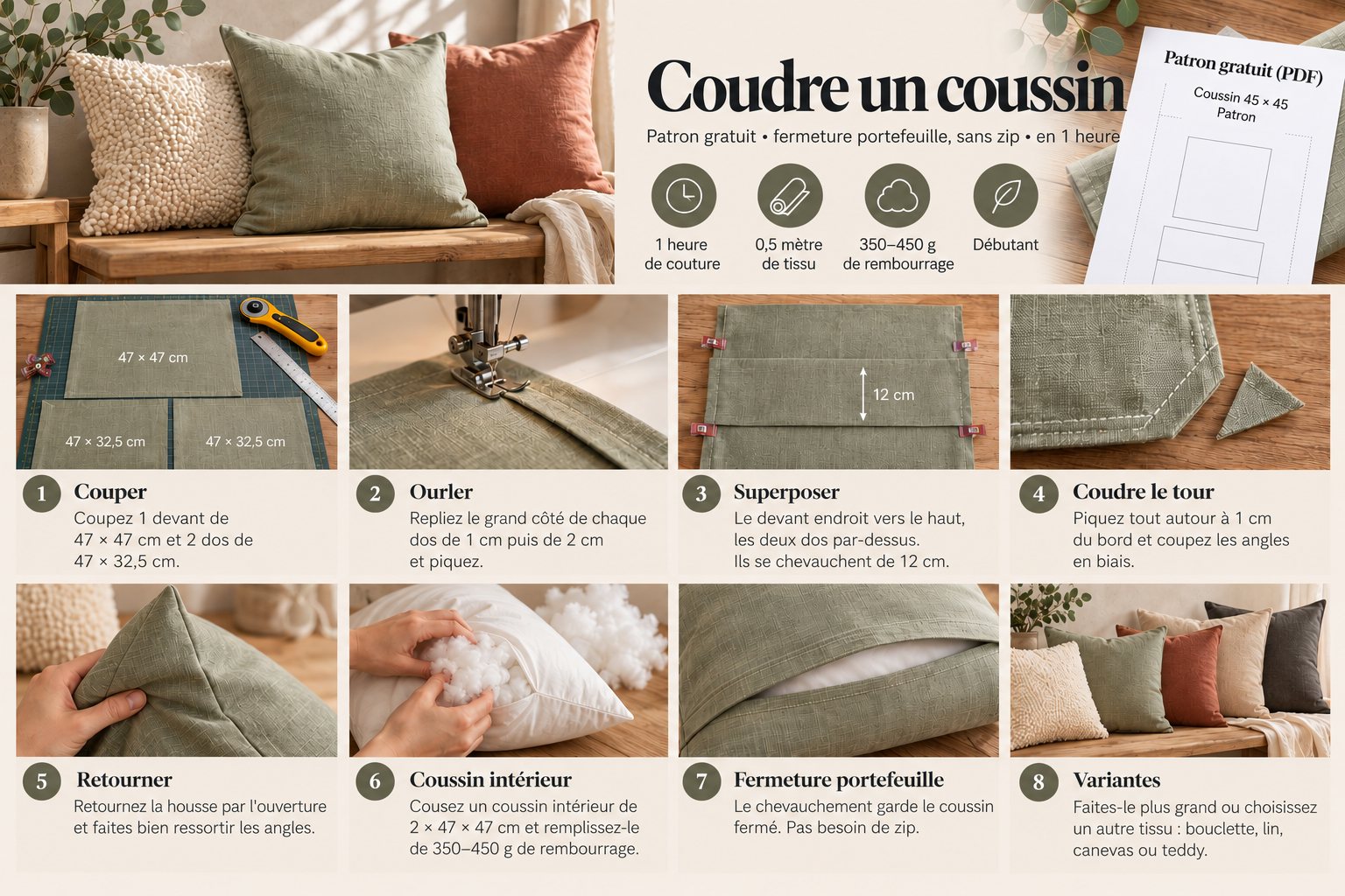 Étapes pour coudre un coussin à fermeture portefeuille : couper, ourler, superposer, coudre, retourner, rembourrer