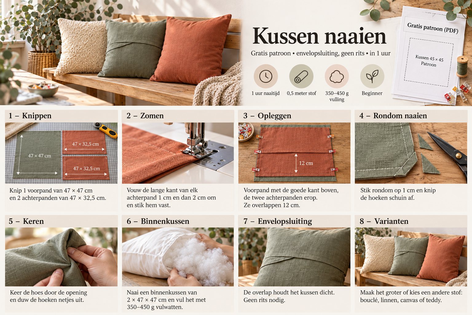 Stappenplan kussen naaien met envelopsluiting: knippen, zomen, opleggen, rondom naaien, keren, binnenkussen vullen