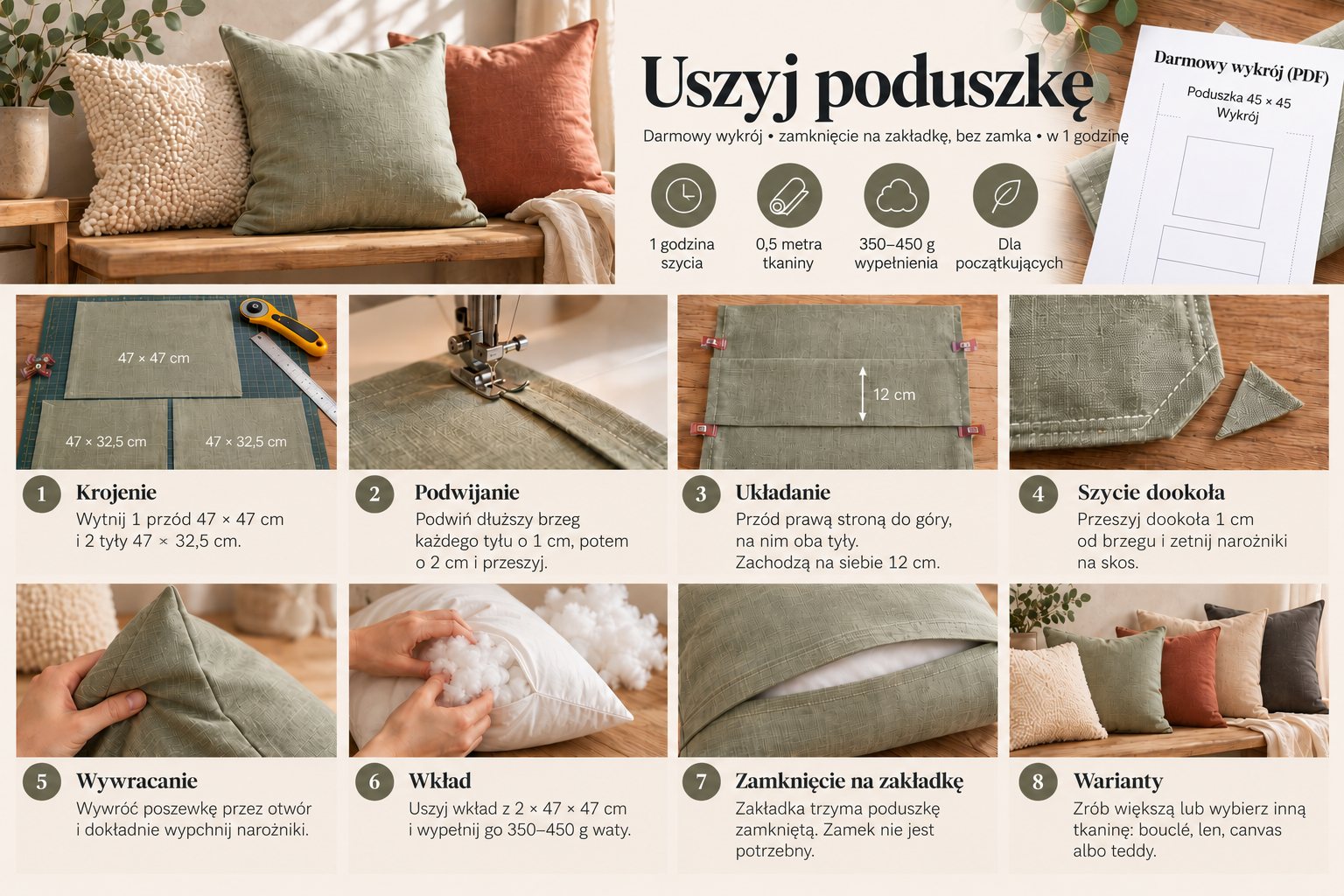 Instrukcja szycia poduszki z zakładką: krojenie, podwijanie, układanie, szycie, wywracanie, wypełnianie wkładu