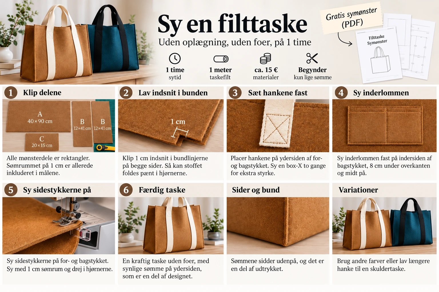 Infografik sy en filttaske: klip delene, indsnit i bunden, hanker med box-X, inderlomme, sidestykker og færdig taske