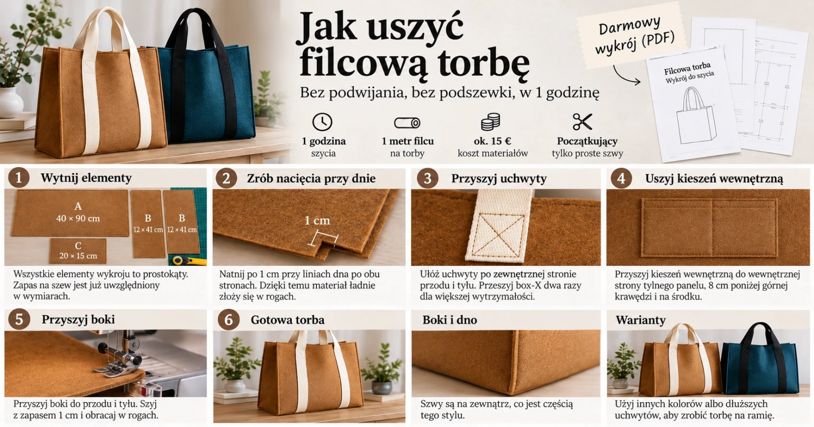 Infografika jak uszyć torbę z filcu: krojenie elementów, nacięcia przy dnie, uchwyty z box-X, kieszeń, boki i gotowa torba