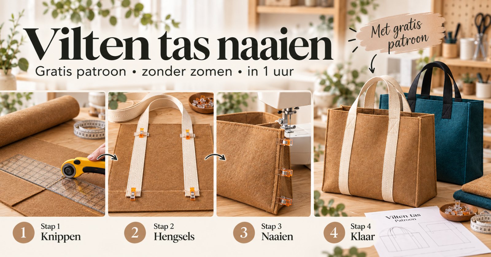 Vilten tas naaien in vier stappen: knippen, hengsels, naaien, klaar