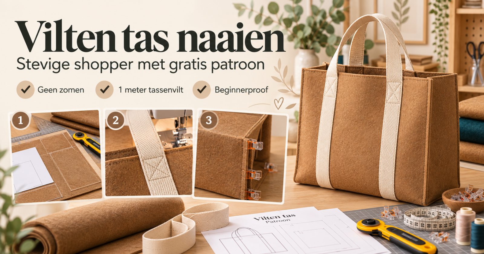 Stappenplan vilten tas: knippen, hengsels vastzetten, zijpanden naaien en afwerken